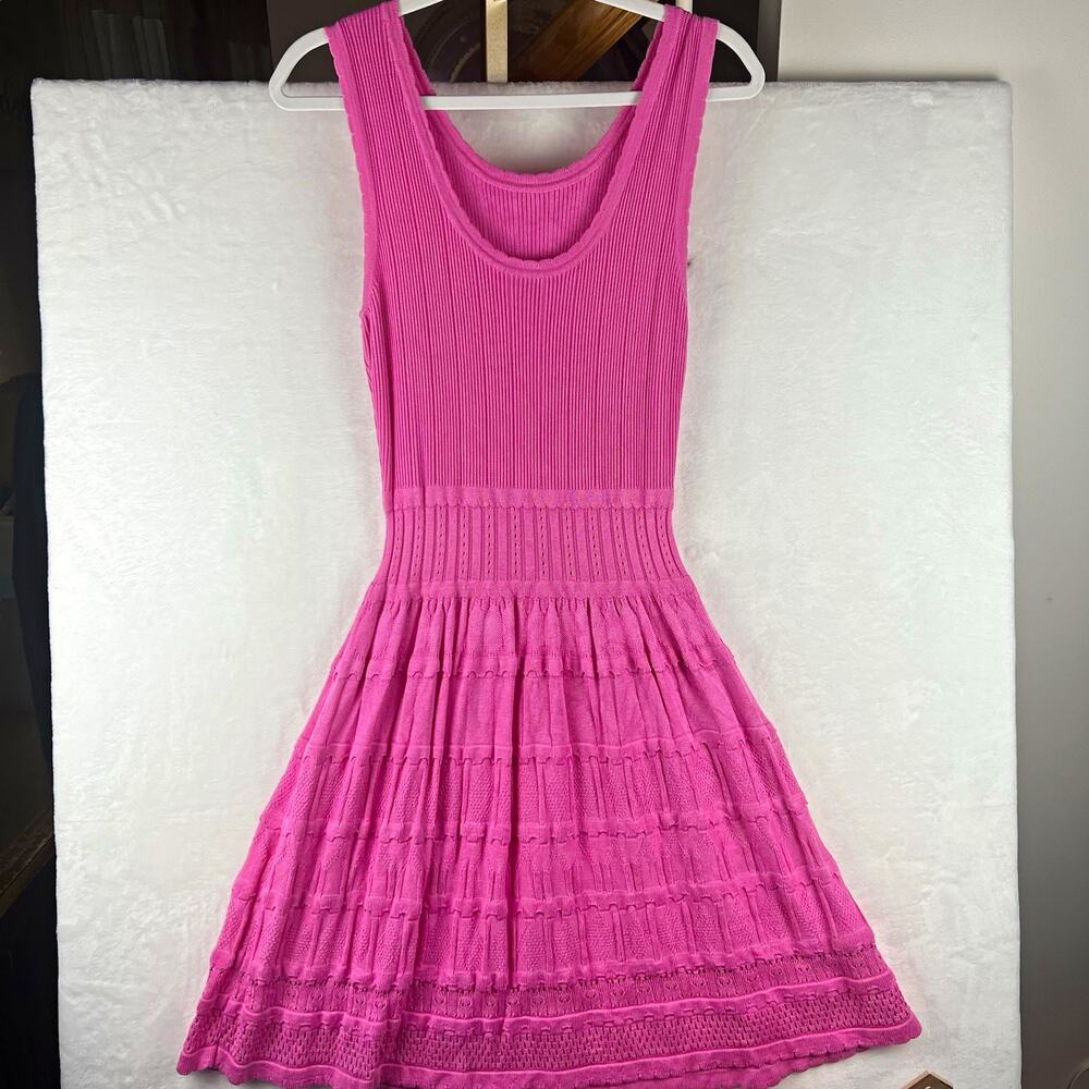 Imily Bela Pink Knit Midi Dress Large Ribbed Tiered Fit Flare Crochet Barbiecore